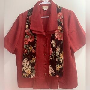 Red Short-Sleeve collared Shirt with Attached Floral Scarf